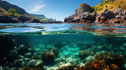 Obraz premium Underwater paradise: bright blue waters washed with colorful lips and soft a
