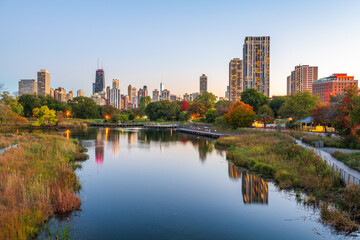Chicago, Illinois, USA Downtown Skyline from Lincoln Park - obrazy, fototapety, plakaty