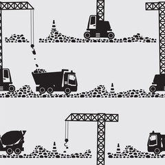 Silhouettes of construction cars concrete mixer, crane and dump truck seamless pattern. Monochrome vector illustration.
