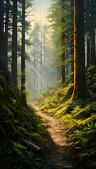 Hiking trail in the forest at sunrise. 3D Rendering