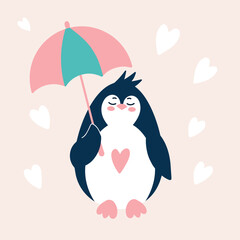 Cute cheerful penguin with an umbrella. Simple baby vector illustration. Bird south pole.Character isolated on white background