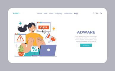 Adware alert web or landing. Concerned user encounters intrusive ads and pop-ups, pointing to the importance of digital privacy. Guard against unwanted promotions. Flat vector illustration