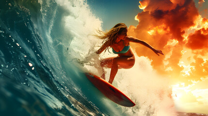 Surfer girl swims on surfboard on waves of sea in summer