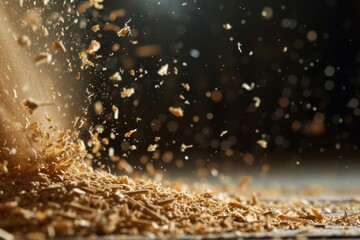 A close-up of wood shavings flying in the air with a dark background. - obrazy, fototapety, plakaty
