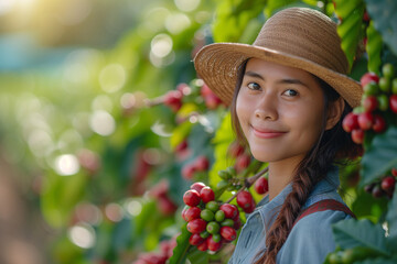 A happy young woman wearing a straw hat is gently picking red coffee beans on a plantation during the golden hour.