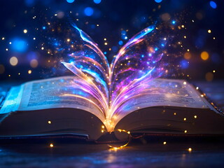 magic book with magic lights generative AI