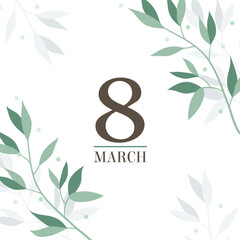 March 8 greeting card with botanical pattern. Square International Women's Day Greeting Card Template.