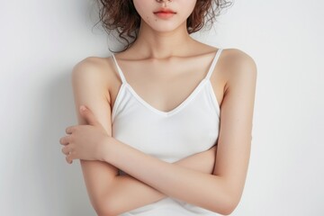 胸の前で手を組む日本人女性（モデル・白シャツ） - obrazy, fototapety, plakaty
