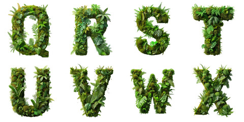 Letters Q, R, S, T, U, V, W, X are made of the vibrant green ecosystem of moss, ferns, and monstera...