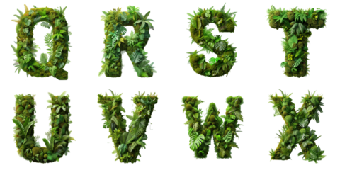 Letters Q, R, S, T, U, V, W, X are made of the vibrant green ecosystem of moss, ferns, and monstera plants.
