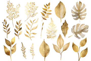 Watercolor design elements collection of golden glitter leaves, branches