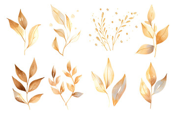 Fototapeta na wymiar Watercolor design elements collection of golden glitter leaves, branches