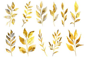 Watercolor design elements collection of golden glitter leaves, branches