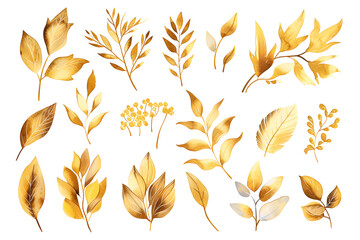 Fototapeta na wymiar Watercolor design elements collection of golden glitter leaves, branches
