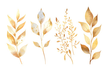 Watercolor design elements collection of golden glitter leaves, branches