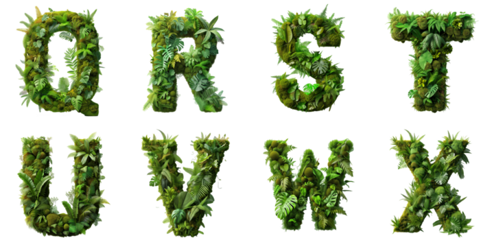 Letters Q, R, S, T, U, V, W, X are made of the vibrant green ecosystem of moss, ferns, and monstera plants.