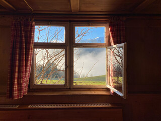 Holzfenster, Scheibe geöffnet, spiegelung der Bäume, blauer Himmel, rot-karierte Vorhänge hängen an den Seiten