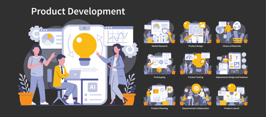 Product development night or dark mode set. Stages from idea to market in detailed scenes. Teamwork in innovation, market analysis, design, material selection, and launch. Vector illustration.