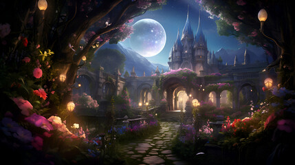 Obraz premium Magic Fairy Tale Castle. Fantasy landscape with castle. moon and flowers.