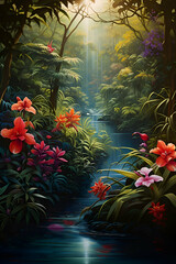 Fototapeta na wymiar Tropical jungle with flowers and plants. Digital painting illustration.