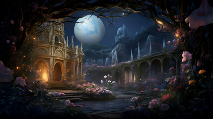 Fantasy landscape with fantasy castle and moon. Digital painting illustration.
