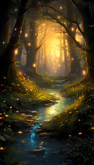 Fantasy forest with fog and light at night. 3D rendering