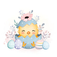 Watercolor Illustration Cute Chick and Eggs with Floral Elements