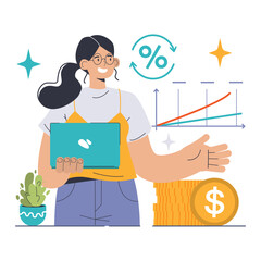 Compound Interest concept. Smiling woman presenting data with laptop, growth charts in background, coin stack indicates savings. Financial planning, exponential growth. Flat vector illustration