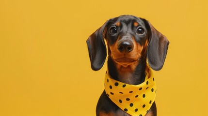 A cute dachshund puppy in a bright bandana on a yellow background. A postcard with a place for text, a place to copy