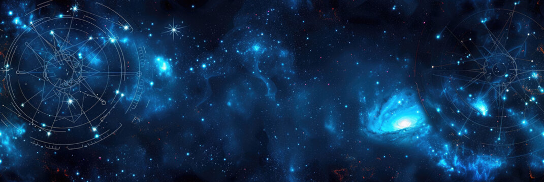 space texture with astrological and numerological projection circles, comets, constellations, stars, empty space for text, banner