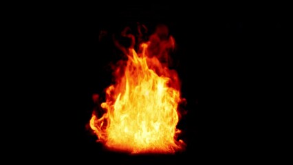 A close-up of burning flames shows the fire effects with their realistic, glowing colors, Isolated by Alpha channel, transparent background