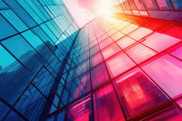 skyscraper architecture, view from bottom to top, red and blue background
