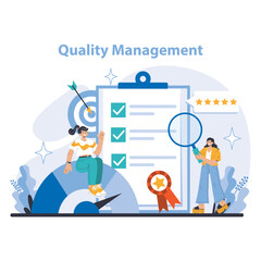 Strategy and management concept. Professionals ensuring top quality management with evaluation and review. Achieving high standards, continuous improvement, customer satisfaction.