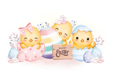 Watercolor Illustration Cute Chicks and Eggs with Happy Easter Sign - obrazy, fototapety, plakaty