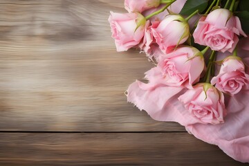 Banner with pink roses and napkin on the wooden background.