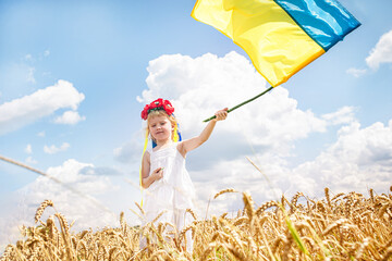 Child with the Ukrainian flag in hand - obrazy, fototapety, plakaty