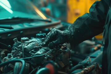 Vehicle maintenance and auto service shop concept. Hands of mechanic repair, fix car engine in auto repair shop. Hands of technician inspecting quality automotive fluid flush in garage - obrazy, fototapety, plakaty