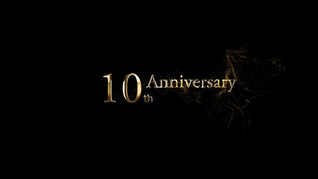 Happy 10th anniversary greeting, golden particles, happy anniversary banner