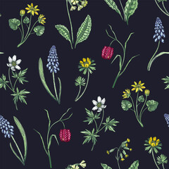 Spring flowers seamless pattern. Wildflowers background. Forest plant, greenery, wild flowers sketches. Hand drawn vector illustration. Not AI-generated