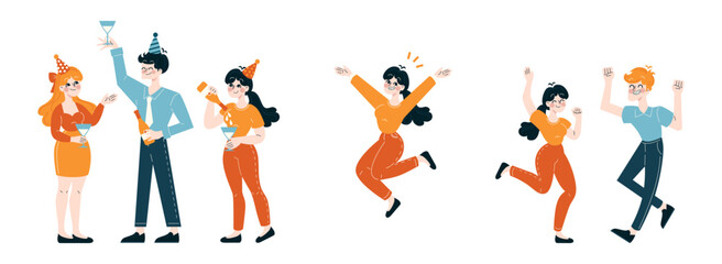 Workplace Celebration set. Joyful employees enjoying success with festive hats, drinks, and enthusiastic gestures. Showcasing team spirit and achievements. Flat vector illustration