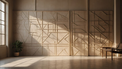 Beige-themed interior, featuring geometric sunlight patterns, shadows, and natural decor, with an empty wall providing an ideal canvas for mockup presentations.