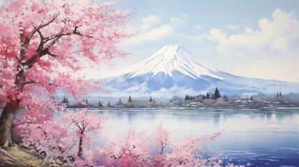 桜と富士山の水彩風のイラスト（Generative AI）