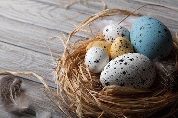 Obraz premium Easter concept, colored eggs with fresh flowers