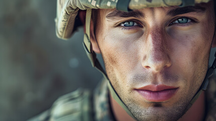Dramatic close up facial portrait of soldier in helmet. Portrait of a man at war