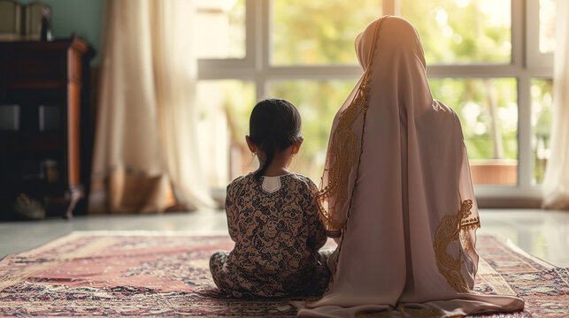 muslim mother and daughter praying in home, ramadan praying , islamic concept