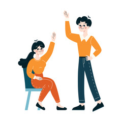 Business People concept. Enthusiastic team voting with raised hands in agreement. Dynamic group decision-making. Team collaboration and partnership success. Flat vector illustration