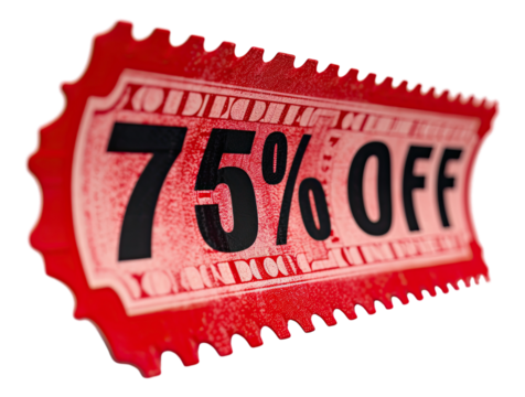 A visually appealing illustration of ticket sales 75% off, featuring detailed graphics on a transparent background, perfect for promotions and events.
