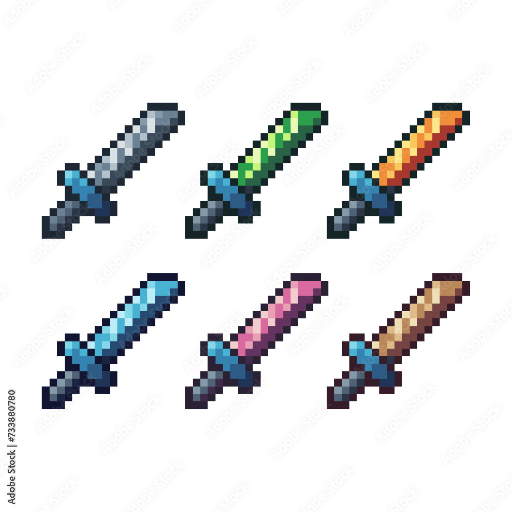 Poster pixel art sets icon of sword fight variation color. sword icon on pixelated style. 8bits perfect for