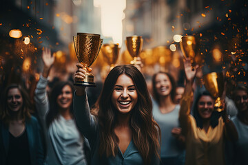 Smiling young woman triumphantly raises golden trophy amongst blur of cheering people on confetti-strewn city street, encapsulating moment of shared joy and victory