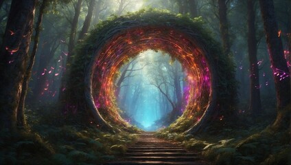 A digital painting of a portal opening in a forest, revealing a world made entirely of music notes.